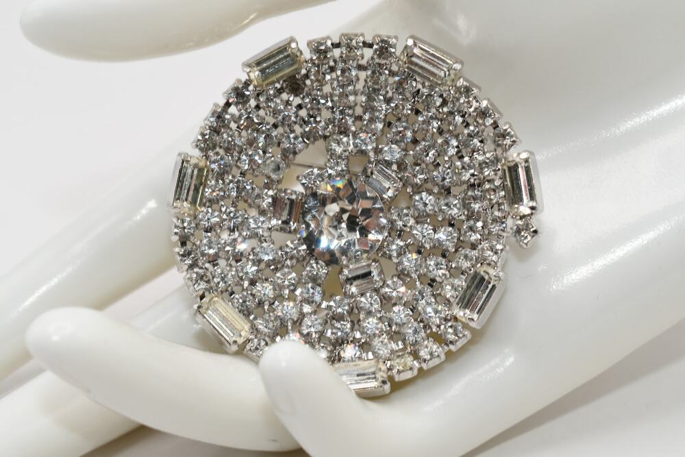 Kramer NY Rhinestone Brooch 2” Wedding Pin Rhodium Vintage Sparkle